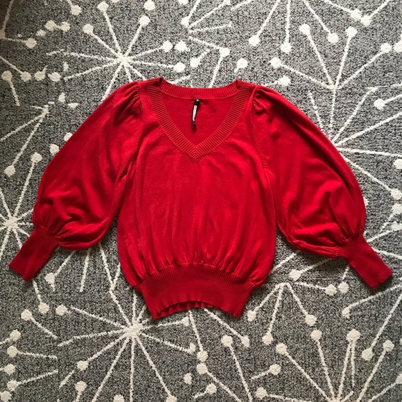 Anthropologie Sweaters - Anthropologie Plenty by Tracy Reese Red V-neck Balloon Sleeve Sweater EUC Size S